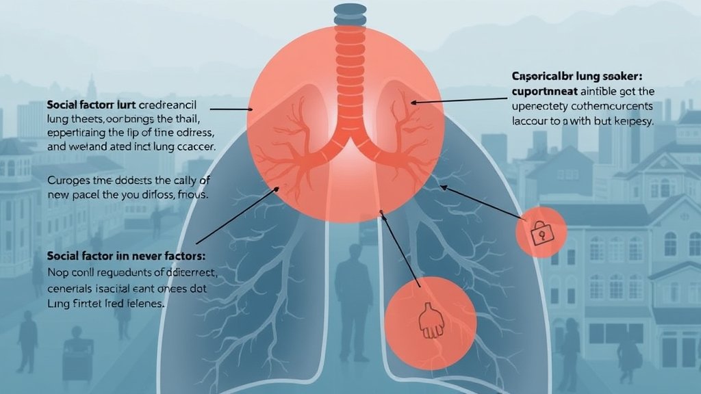 A detailed illustration showing the impact of social factors on lung cancer in never-smokers, with a subtle background of a cityscape or a community, highlighting the importance of environmental and societal influences.
