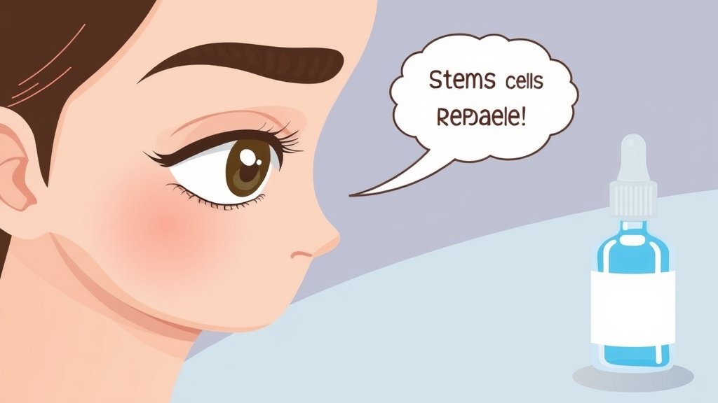 An illustration of a person with dry eyes, with a thought bubble showing stem cells repairing the eye, and a bottle of eye drops in the background.