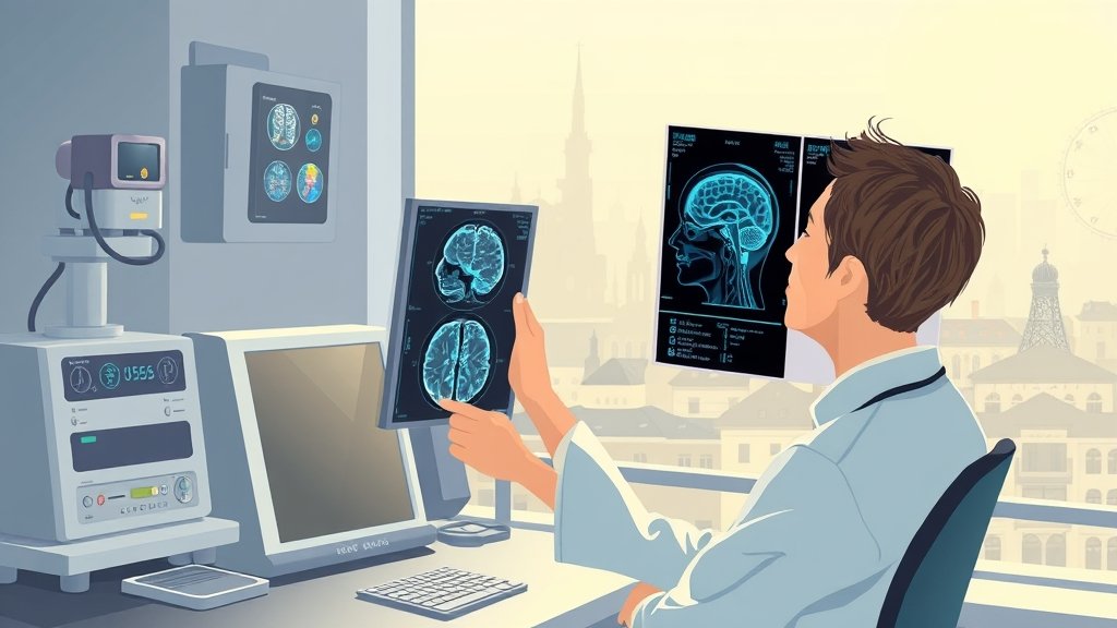 A professional illustration of a neurologist examining a patient's brain scan, with a subtle background of medical equipment and a cityscape representing European medical advancements.