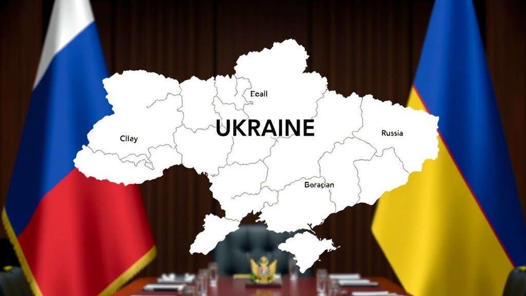 A map of Ukraine with the Donbas region highlighted, surrounded by flags of Ukraine, Russia, and the United States, with a subtle background of a negotiating table.