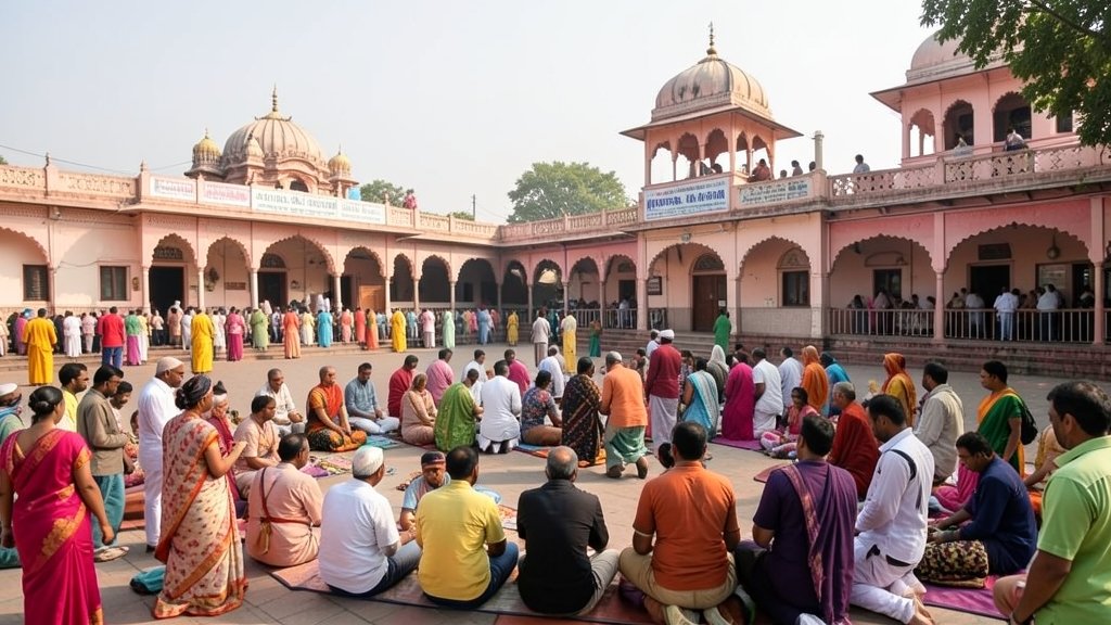 A serene image of the Bhojshala-Kamal Maula Mosque complex in Dhar, Madhya Pradesh, with people from different faiths gathered peacefully, highlighting the coexistence of Hindu and Muslim communities during Basant Panchami and Friday prayers.