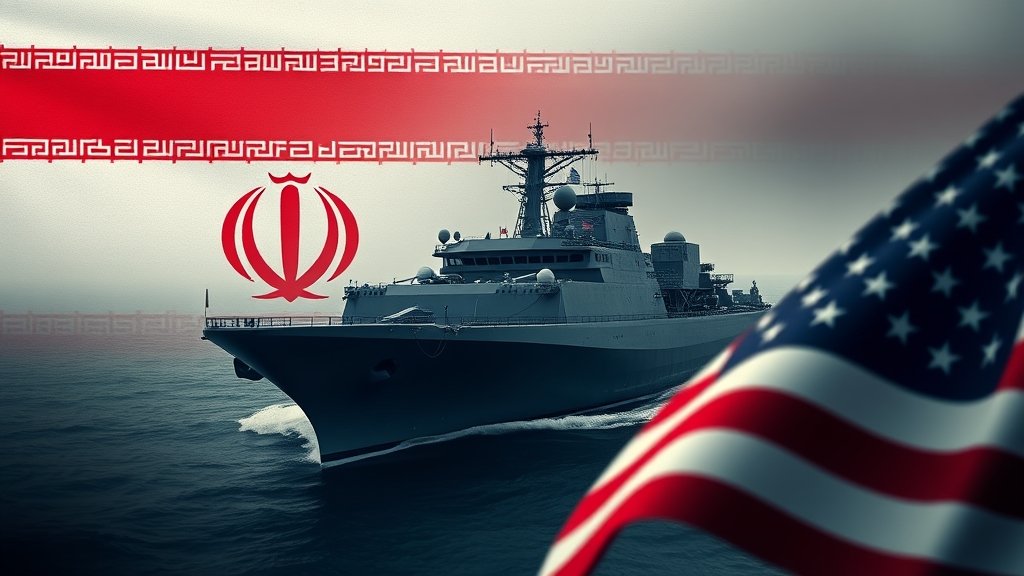 A dramatic image of a US military fleet moving towards Iran with a subtle background of the Iranian flag and the US flag in the foreground, symbolizing the rising tensions between the two nations.