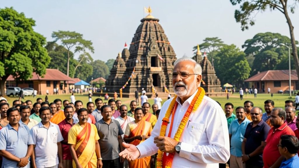 A photo of Prime Minister Narendra Modi addressing a crowd in Kerala, with a backdrop of the Sabarimala temple