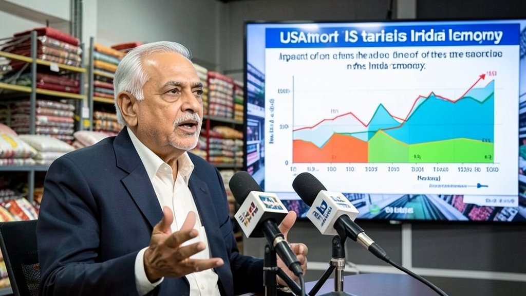 A photo of Rahul Gandhi speaking at a press conference with a background of Indian textile factories and a graph showing the impact of US tariffs on the Indian economy