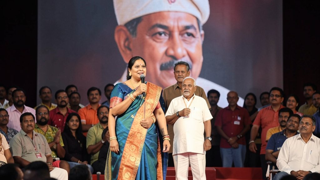 A photo of Mamata Banerjee on stage with Netaji Subhas Chandra Bose's grand nephew, with a crowd of people in the background and a large portrait of Netaji behind them.