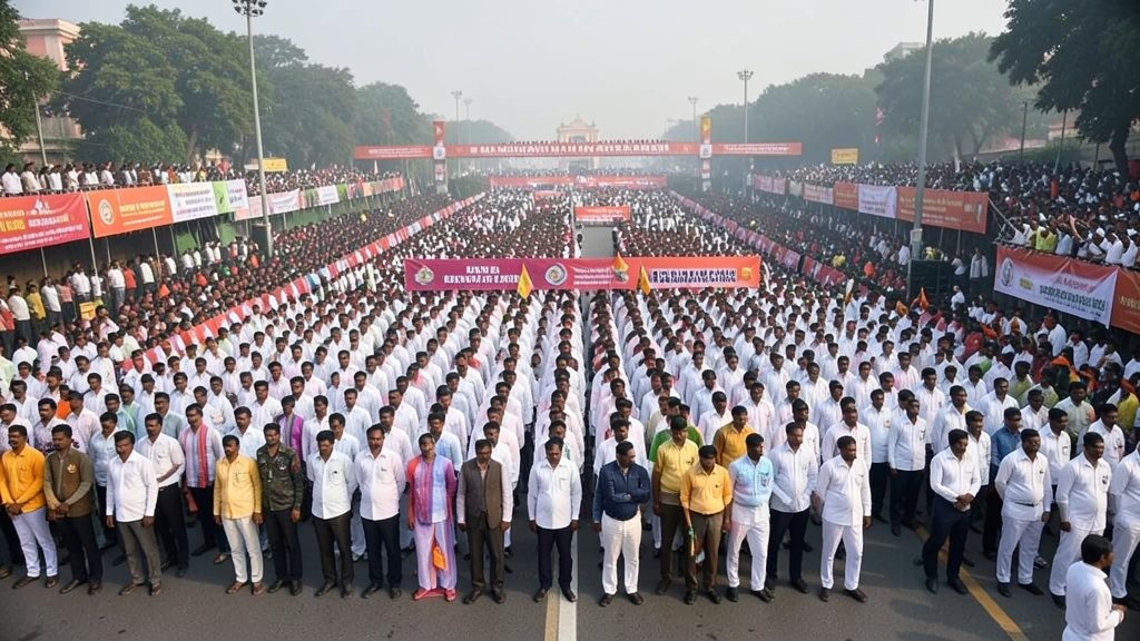 A photo of the Republic Day parade rehearsal at Kartavya Path in Delhi, with a large number of personnel and security arrangements in place.