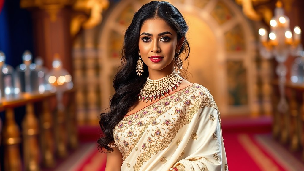Generate an image of Disha Patani wearing a lavishly embroidered white saree and stunning blouse with hundreds of pearls and colorful stones, posing elegantly on a red carpet or a luxurious background.