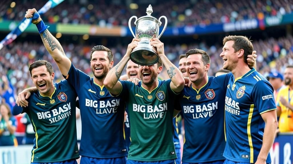 A photo of the Sydney Sixers team celebrating their win with the Big Bash League trophy, with a blurred background of a packed stadium