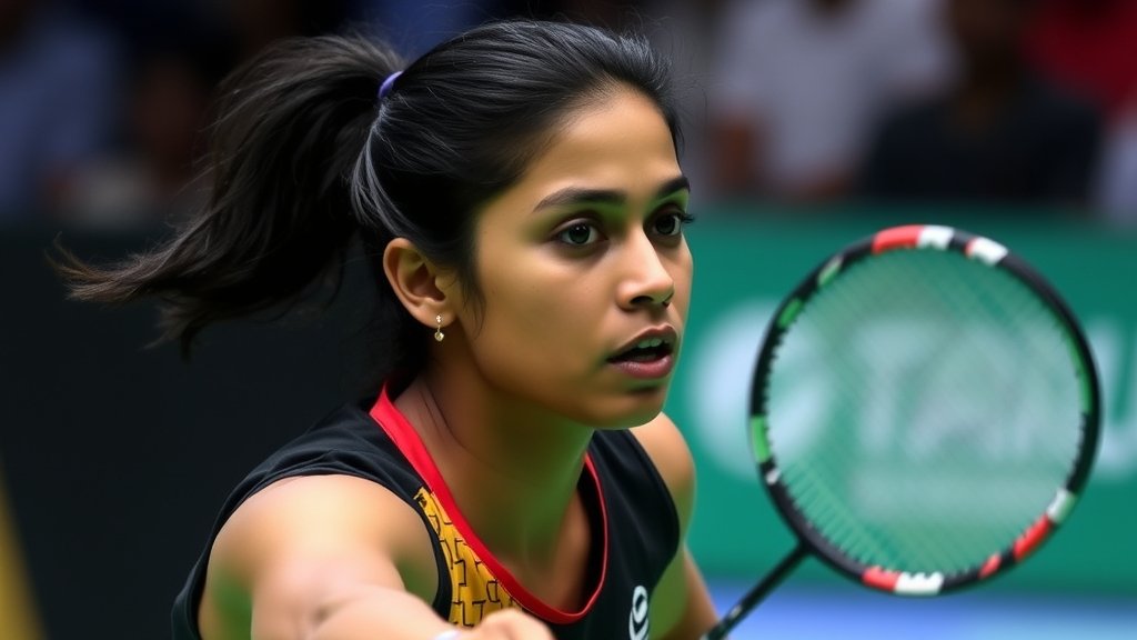 A photo of PV Sindhu playing badminton in a tournament, with a focused expression on her face and a racket in her hand.