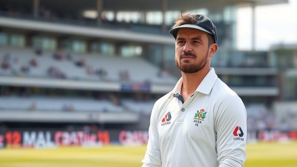 A photo of an Australian cricket player with a bandaged leg, standing on the field with a concerned expression, with a blurred background of a cricket stadium