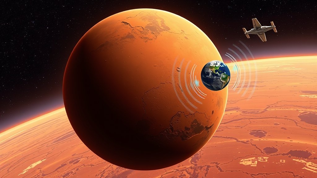 A detailed illustration of the Mars planet with a spaceship in the background, highlighting the communication signal transmission between Earth and Mars.