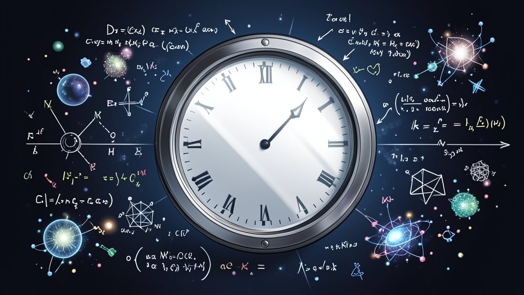 An illustration of a time mirror, with a clock and a mirror in the background, surrounded by scientific equations and quantum particles.