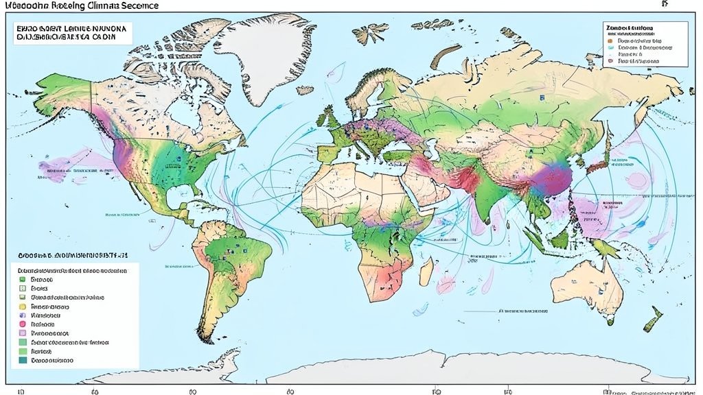 A detailed illustration of a global map with various climate regimes, incorporating deep learning model components and precipitation patterns, highlighting the concept of zero-shot learning in climate science.