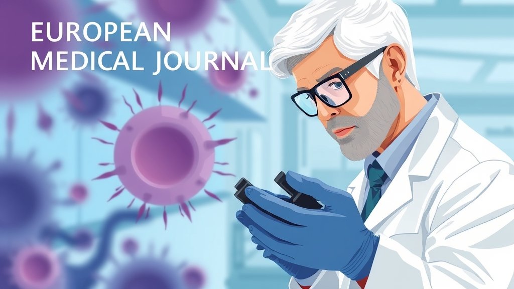 A professional illustration of a medical researcher studying cancer cells in a laboratory, with a subtle background of the European Medical Journal cover.