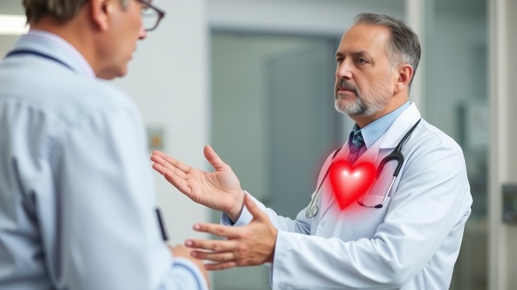 A cardiologist explaining the signs of a heart attack to a patient, with a subtle background of a hospital or a medical setting, conveying a sense of concern and care.