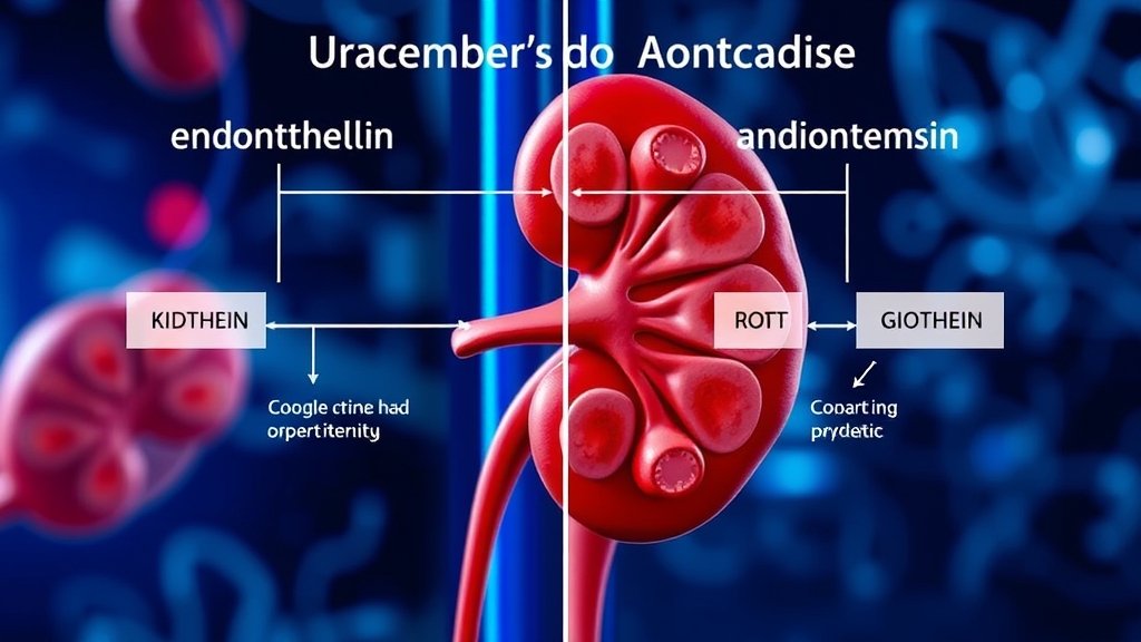 A diagram showing the endothelin and angiotensin pathways and their role in kidney function, with a background image of a kidney or a medical lab