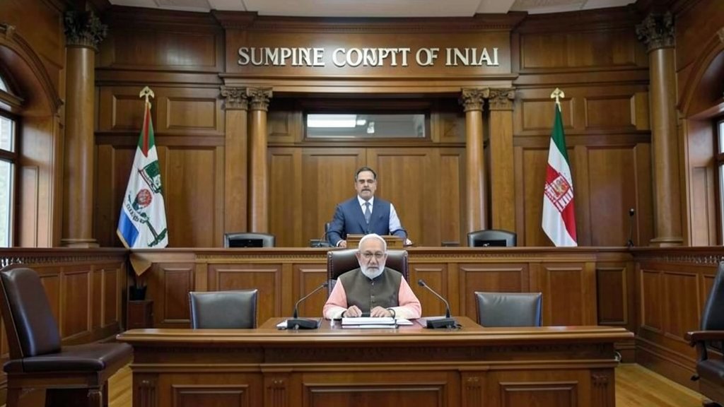 A photo of the Supreme Court of India with a judge's bench in the foreground, symbolizing the independence of the judiciary.