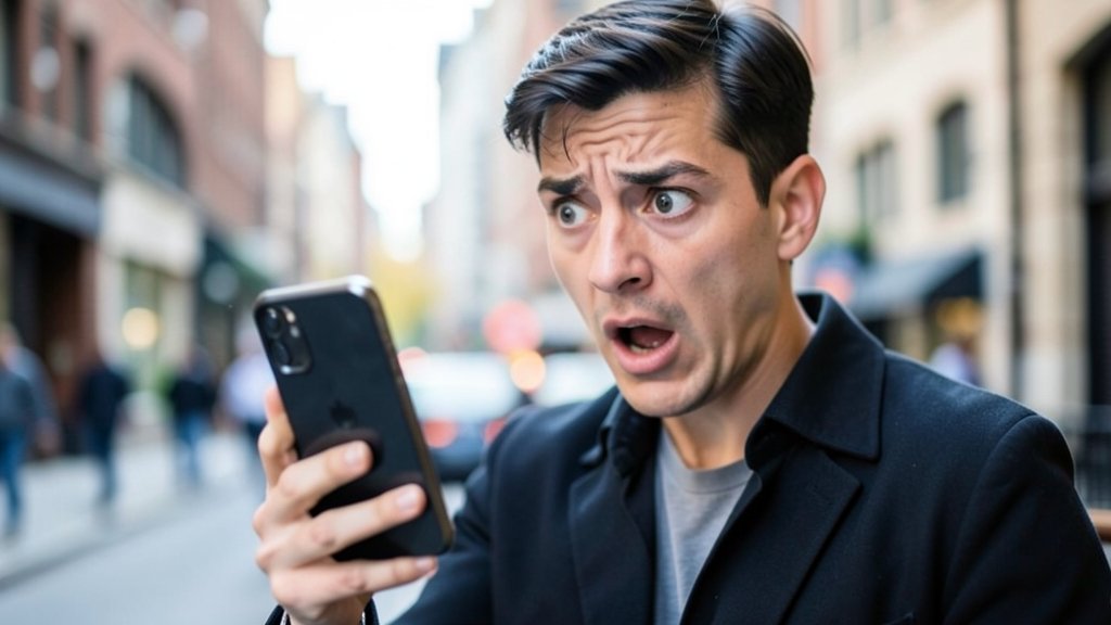 A picture of a person holding a smartphone with a shocked expression, with a blurred background of a courtroom or a city street, symbolizing the impact of social media on the justice system.