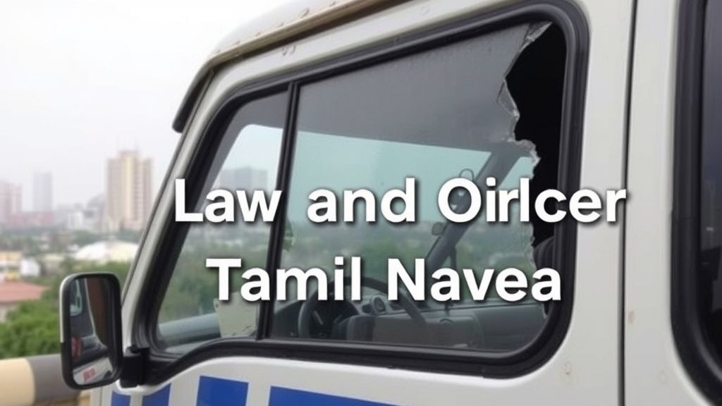 A photo of a police van with a damaged window, with a cityscape in the background, symbolizing the law and order situation in Tamil Nadu.