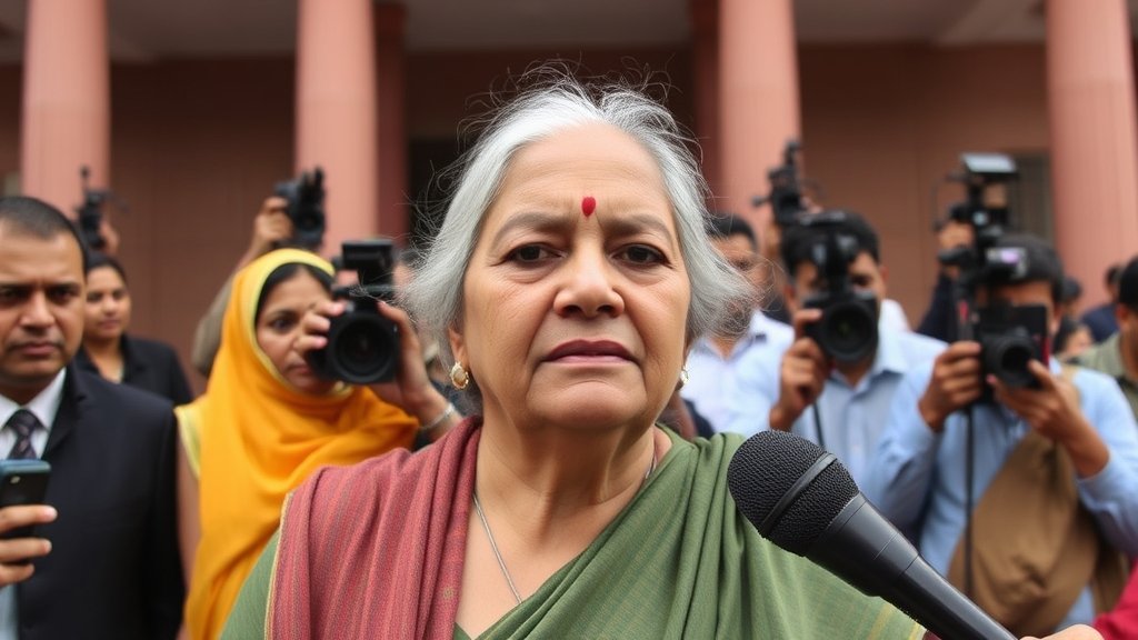 A photo of Medha Patkar outside a court building, with a mix of reporters and supporters in the background, highlighting the significance of the case.