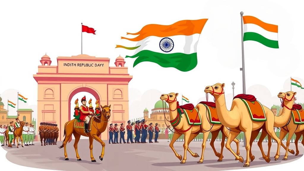 A colorful illustration of the Republic Day parade in New Delhi, featuring the Suryastra system, Bhairav Battalion, and Bactrian camels, with the Indian flag waving in the background.