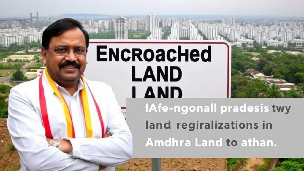 A photo of a TDP MP standing in front of a sign that reads "Encroached Land" with a cityscape in the background, highlighting the issue of land regularization in Andhra Pradesh.