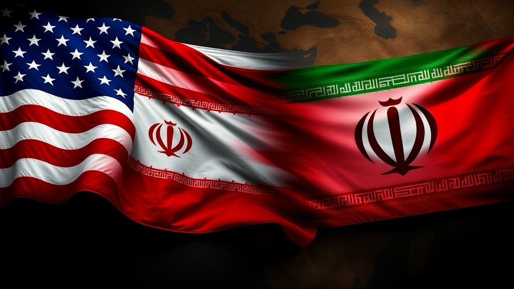 A dramatic illustration of the American and Iranian flags with a subtle background of the Middle East map, symbolizing the escalating tensions between the two nations.