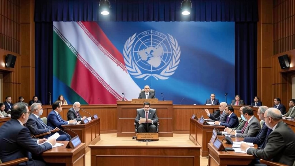 A picture of the United Nations General Assembly hall with a focus on the Indian delegation voting against a resolution, with a subtle background image of the Iranian flag.