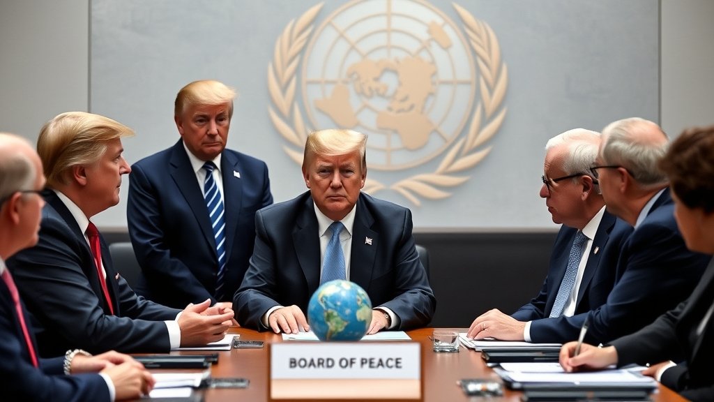 A photo of Donald Trump and other world leaders discussing the Board of Peace initiative at a UN meeting, with a subtle background of a globe or a peace symbol.