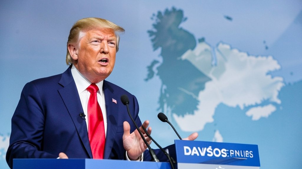 A photo of Donald Trump speaking at the Davos conference with a subtle background image of the Greenland map