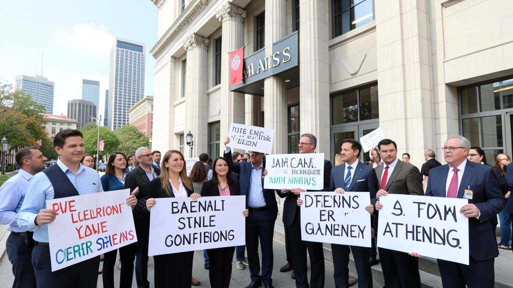 A group of bank employees holding placards and protesting in front of a bank building, with a cityscape in the background.