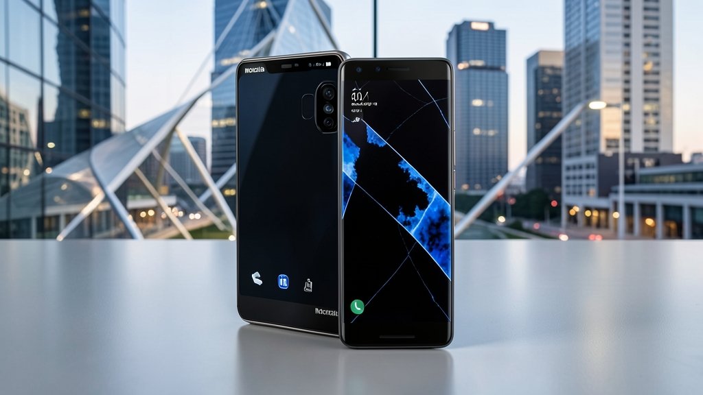 A high-quality image of the Motorola Signature smartphone with a cityscape or modern background, highlighting its sleek design and advanced features.