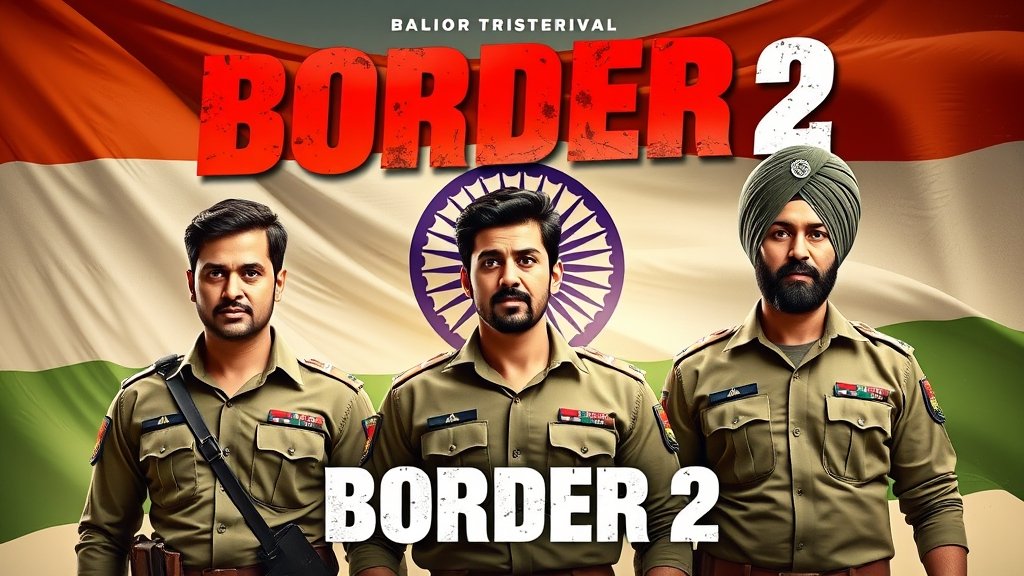 A poster of the movie Border 2 with the lead actors Sunny Deol, Varun Dhawan, and Diljit Dosanjh in military uniforms, standing in front of a massive Indian flag.