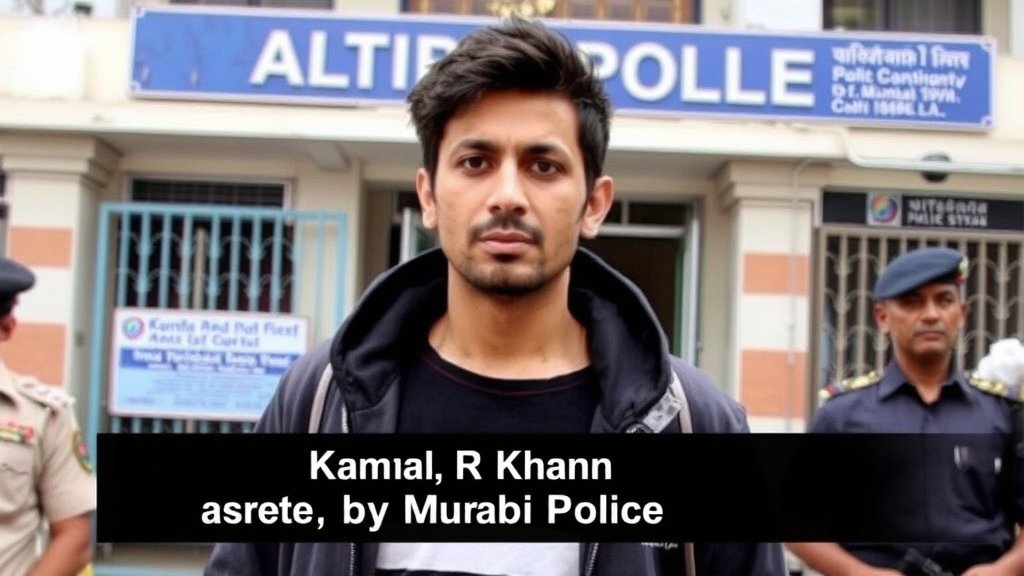 A photo of Kamaal R Khan with a caption "Kamaal R Khan arrested by Mumbai Police" in the background of a Mumbai police station