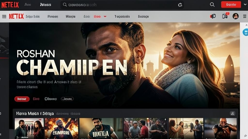 A screenshot of the Netflix homepage featuring the movie Champion, with a background image of Roshan Meka and Anaswara Rajan