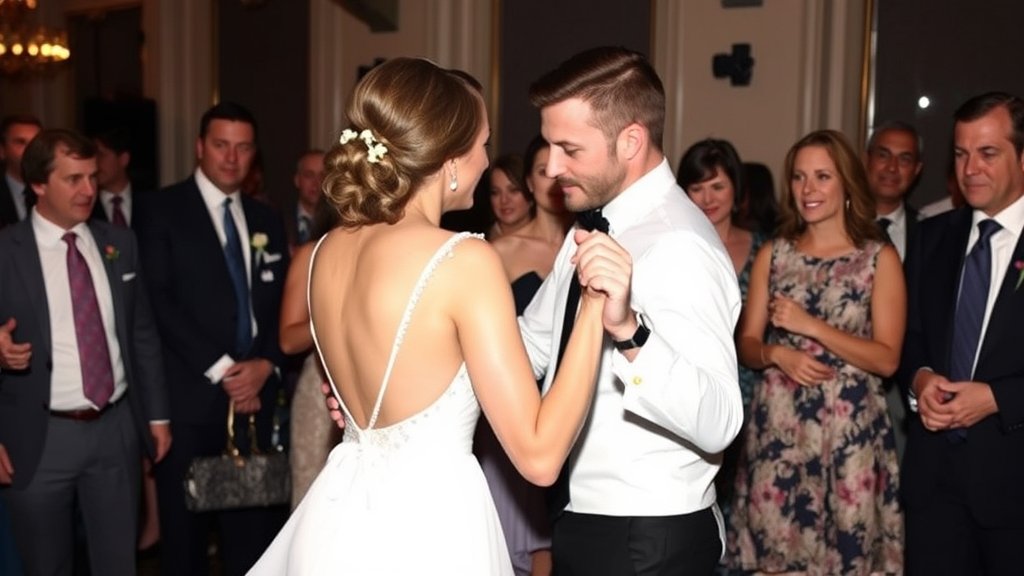A photo of Victoria Beckham and Brooklyn Beckham dancing at his wedding, with a subtle hint of awkwardness in the background, surrounded by other family members and guests.