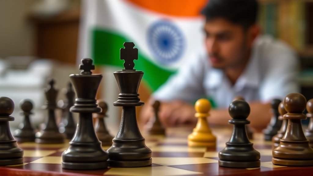 A photo of a chessboard with pieces in mid-game, with a focus on the Indian flag or a picture of an Indian chess player in the background.