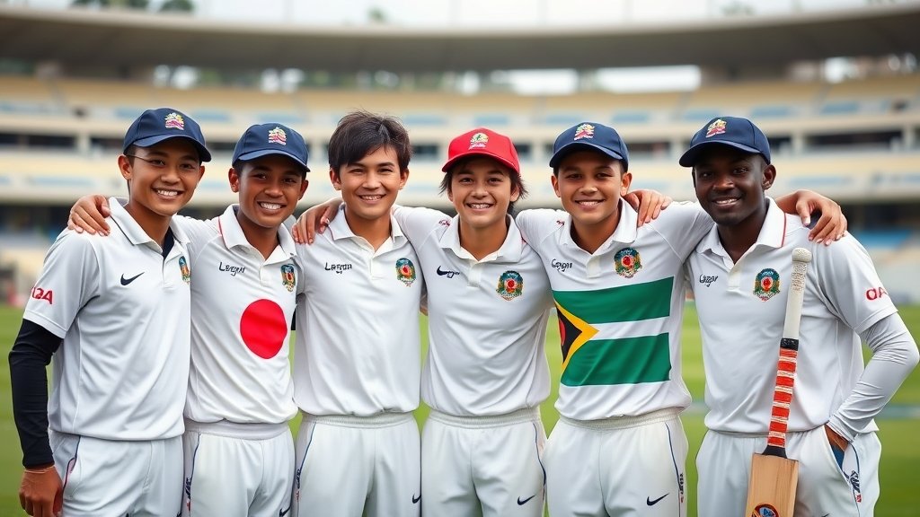 A group of young cricketers from Japan and Tanzania standing together with their arms around each other, smiling and holding their cricket bats, with a blurred background of a cricket stadium.