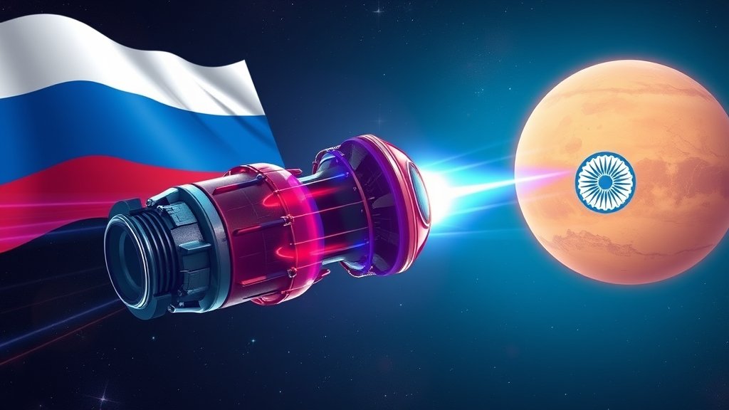 A futuristic illustration of a plasma engine propelling a spacecraft towards Mars, with a subtle background image of the Russian and Indian flags, symbolizing the collaboration and innovation in space technology.