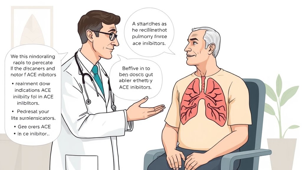 A detailed illustration of a doctor explaining the benefits of ACE inhibitors to a patient with idiopathic pulmonary fibrosis