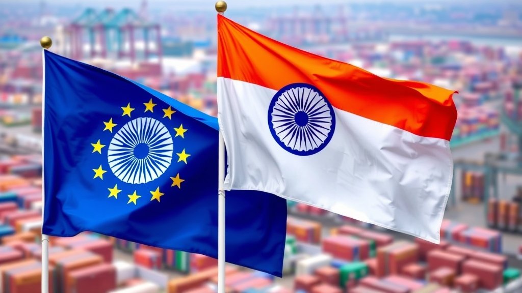 A photo of the Indian and European Union flags waving together, with a background of a bustling city or a trade port, symbolizing the newly formed trade agreement and the potential for increased economic cooperation between the two regions.