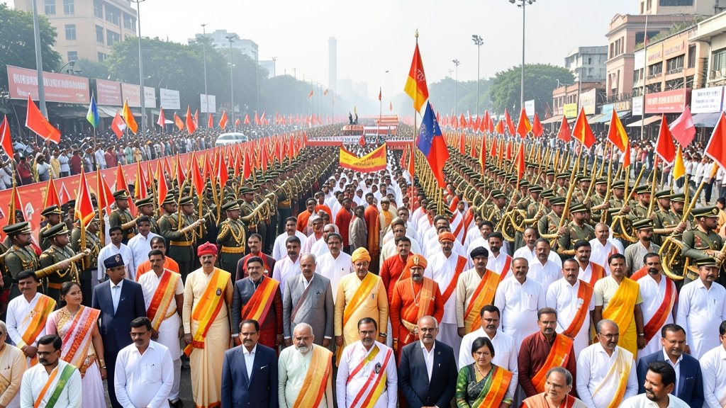 A detailed image of the Republic Day parade in New Delhi, with the chief guest and Indian dignitaries in attendance, surrounded by marching bands, military contingents, and cultural performances.