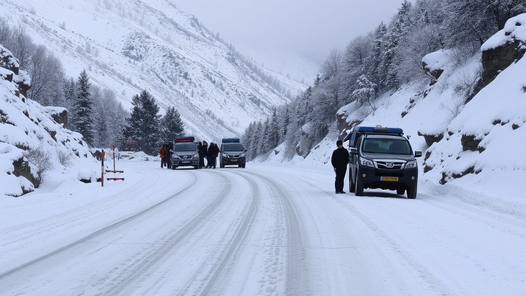A scenic photo of a snow-covered road in Himachal Pradesh with stranded tourists and vehicles in the background