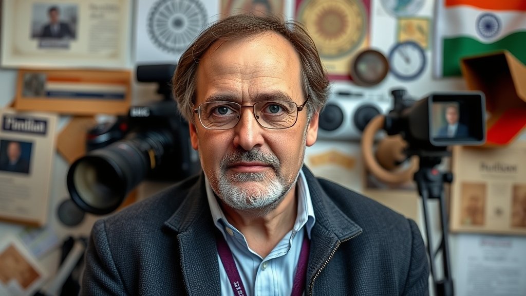 A photo of Mark Tully, a British journalist and former BBC India correspondent, with a background of Indian culture and journalism elements