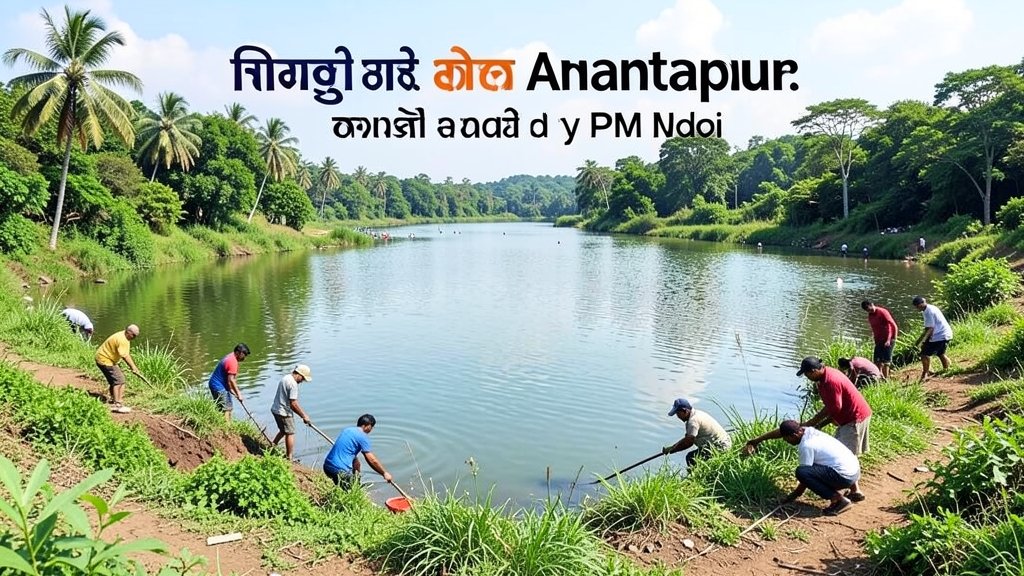 A scenic image of a rejuvenated lake or water body in Anantapur, with lush greenery and people engaged in water conservation activities, symbolizing the success of the initiatives praised by PM Modi.