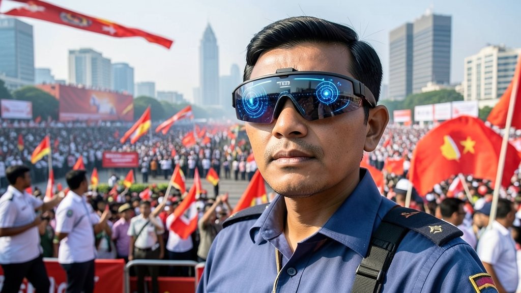 A detailed image of a security personnel wearing smart glasses with a cityscape in the background, highlighting the use of AI technology for surveillance during Republic Day celebrations