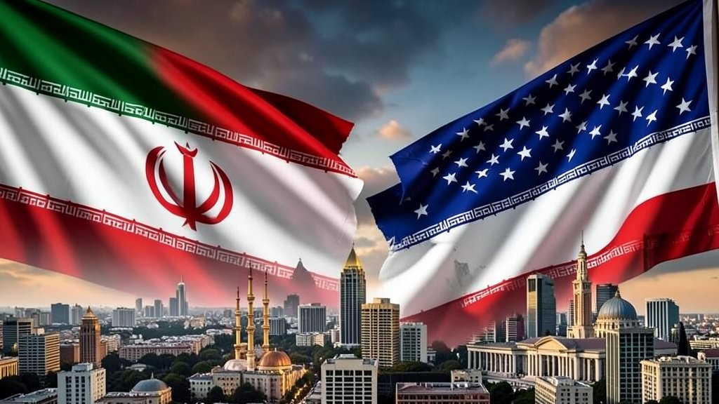 A dramatic illustration of the Iranian and American flags with a backdrop of a cityscape in Tehran or Washington D.C., symbolizing the escalating tensions between the two nations.