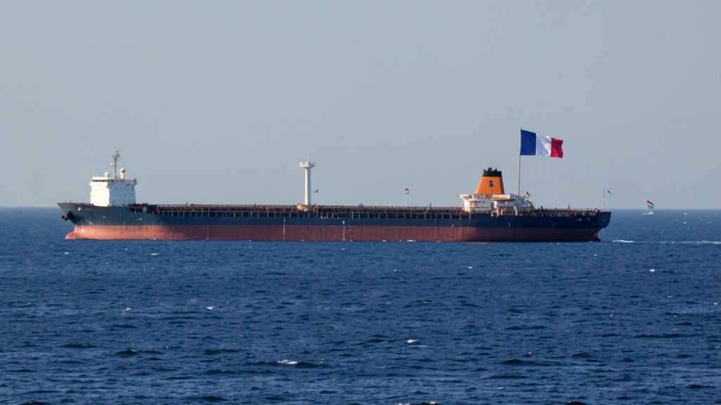 A photograph of a large oil tanker ship in the middle of the ocean, with a French flag visible in the background, and a subtle hint of the Indian and Russian flags in the distance.