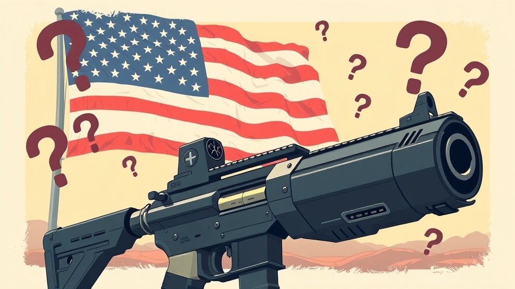 An illustration of a mysterious, high-tech weapon with a subtle American flag in the background, surrounded by question marks and subtle hints of a Venezuelan landscape.