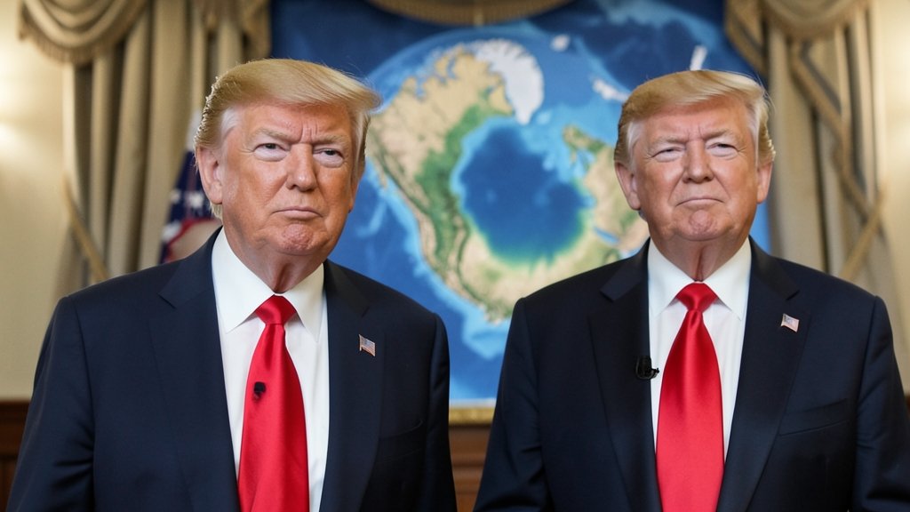 A photo of Donald Trump and a map of Greenland in the background, with a subtle hint of a globe or a diplomatic setting